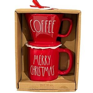 NEW Rae Dunn MERRY CHRISTMAS MUG Coffee Press Pour Over Drip Red Gift Set in Box